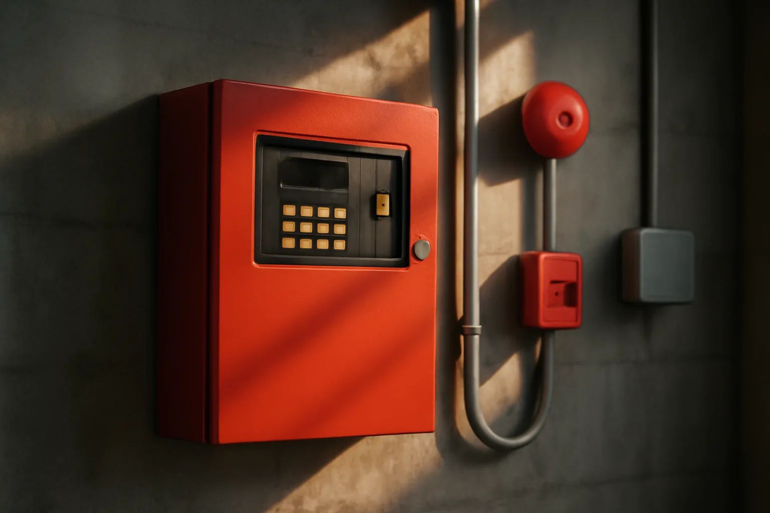 Fire alarm control panel in a commercial utility room during an inspection