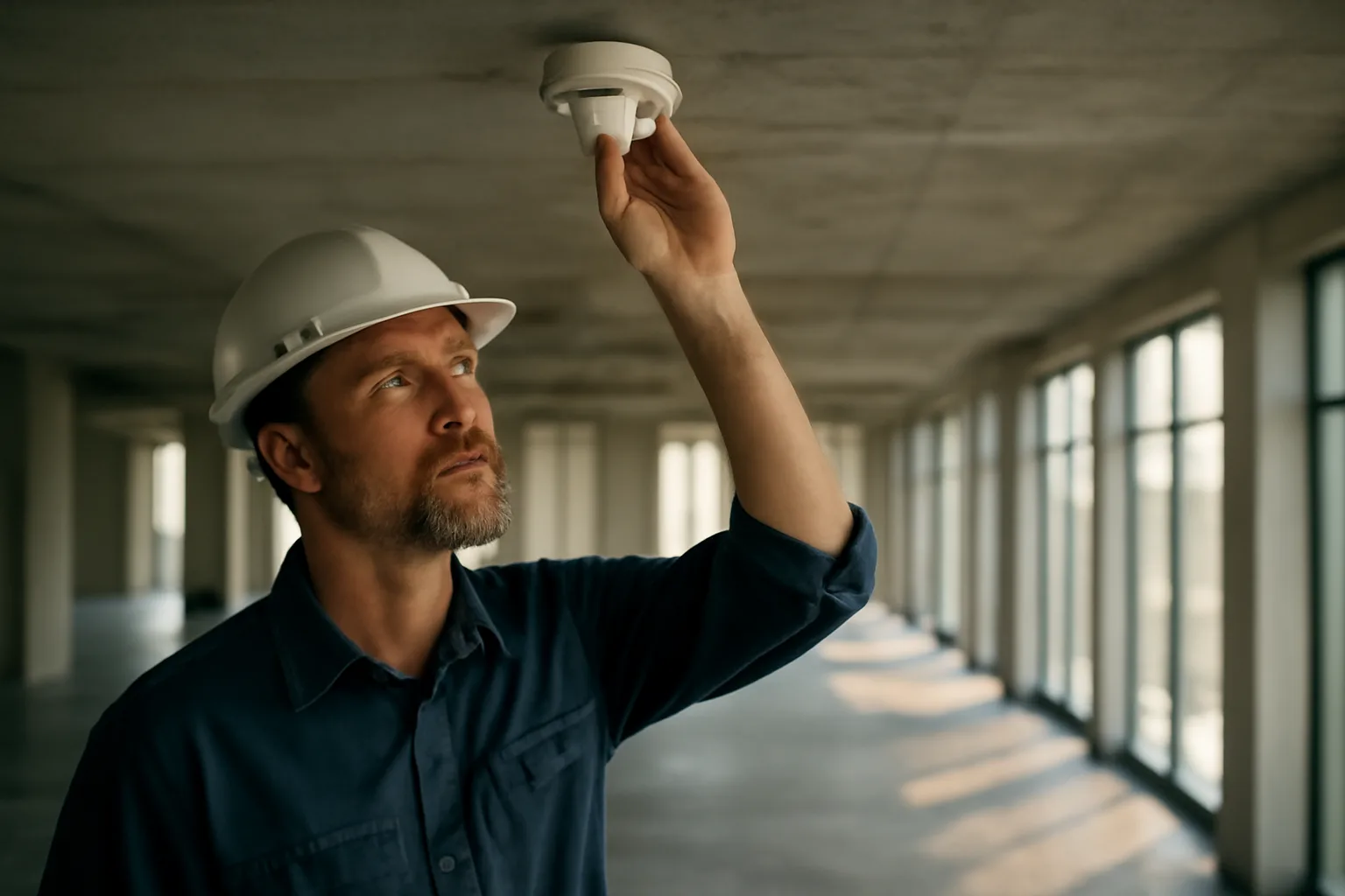 Fire alarm inspector examining a ceiling smoke detector in an empty commercial building