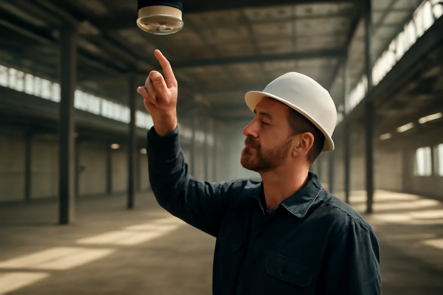 Fire alarm inspector checking a ceiling smoke detector in an Alabama warehouse