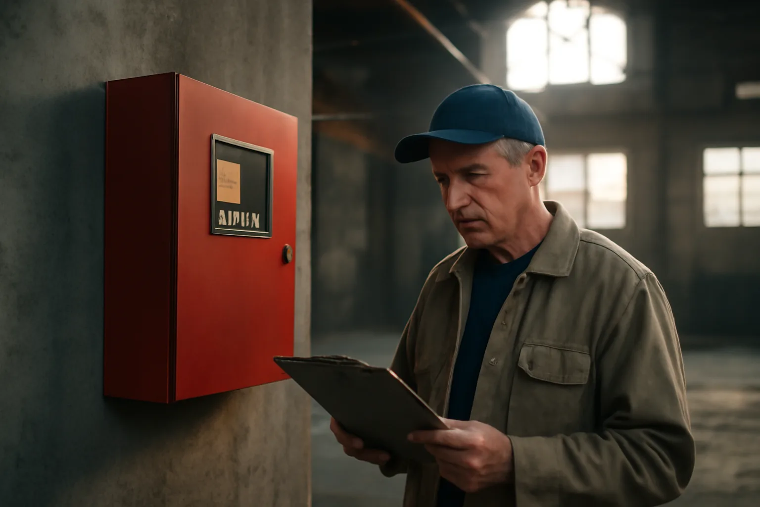 Fire alarm inspector reviewing a control panel inside an Alaska industrial building