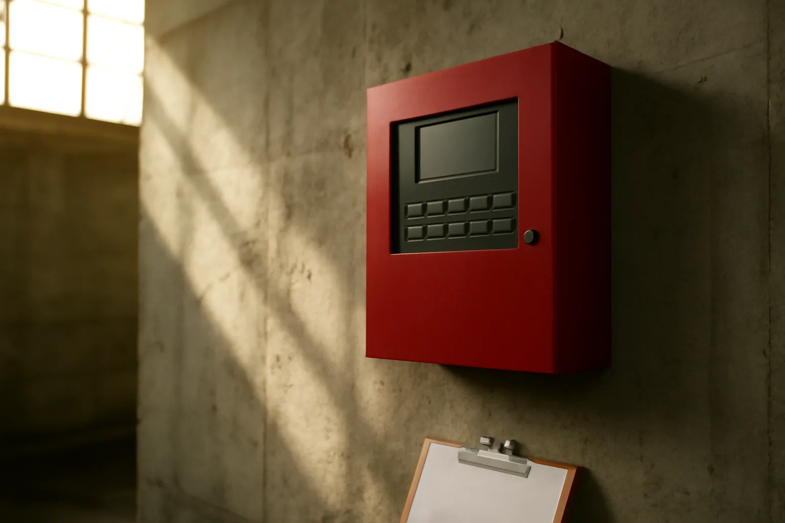 Fire alarm control panel on a concrete wall with inspector clipboard in Arizona industrial building
