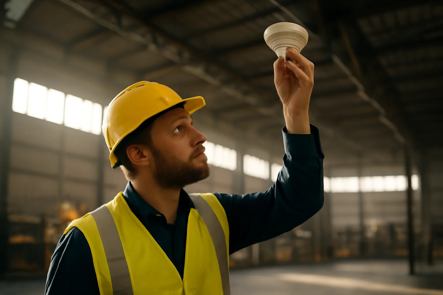 Inspector checking a ceiling smoke detector inside a commercial warehouse