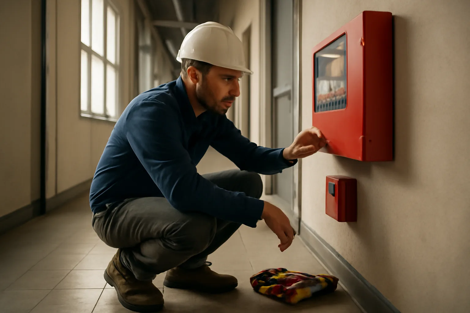 Fire alarm technician inspecting a control panel inside a California commercial building