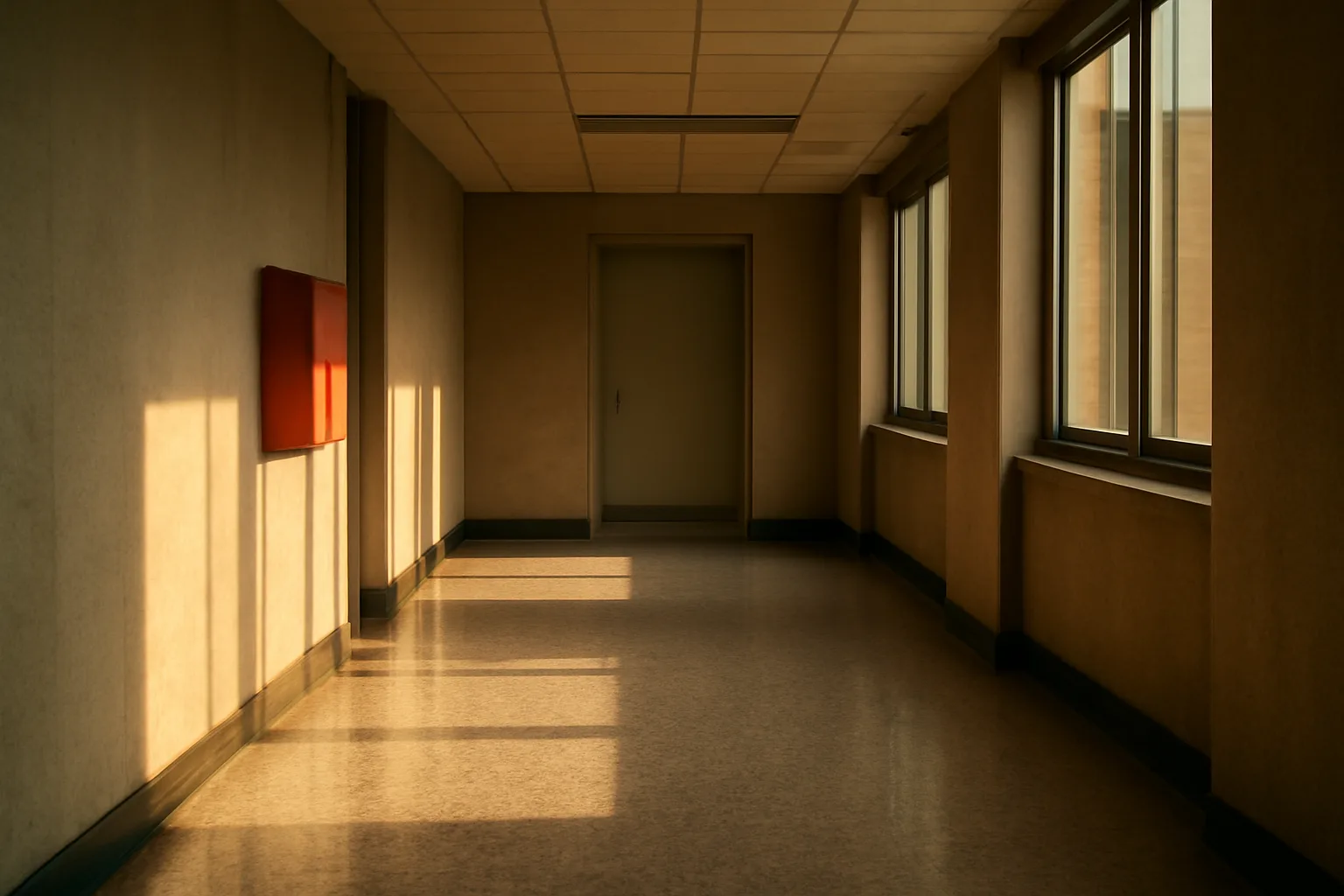 Empty Denver office corridor on a fire alarm inspector site walk