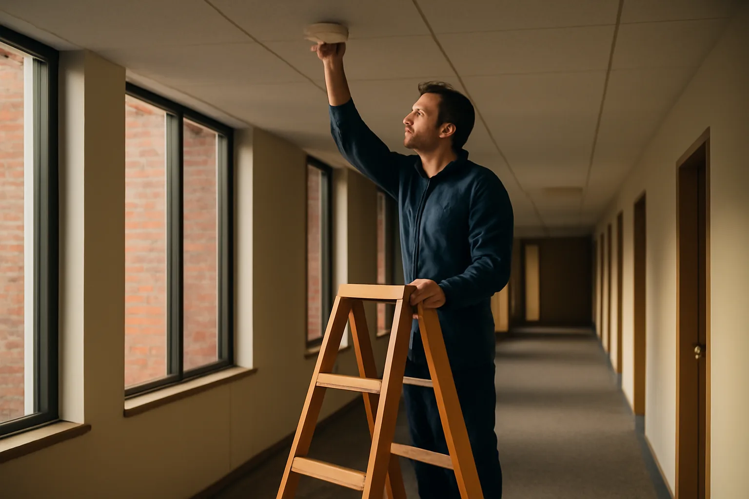 Technician checks a smoke detector in a sunlit Delaware office hallway