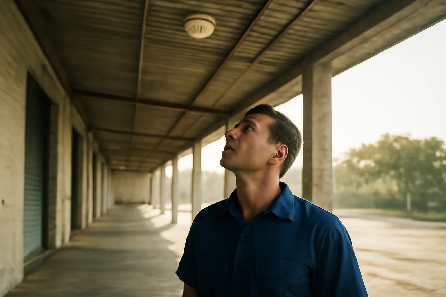 Fire alarm inspector checking a detector on a Miami loading dock