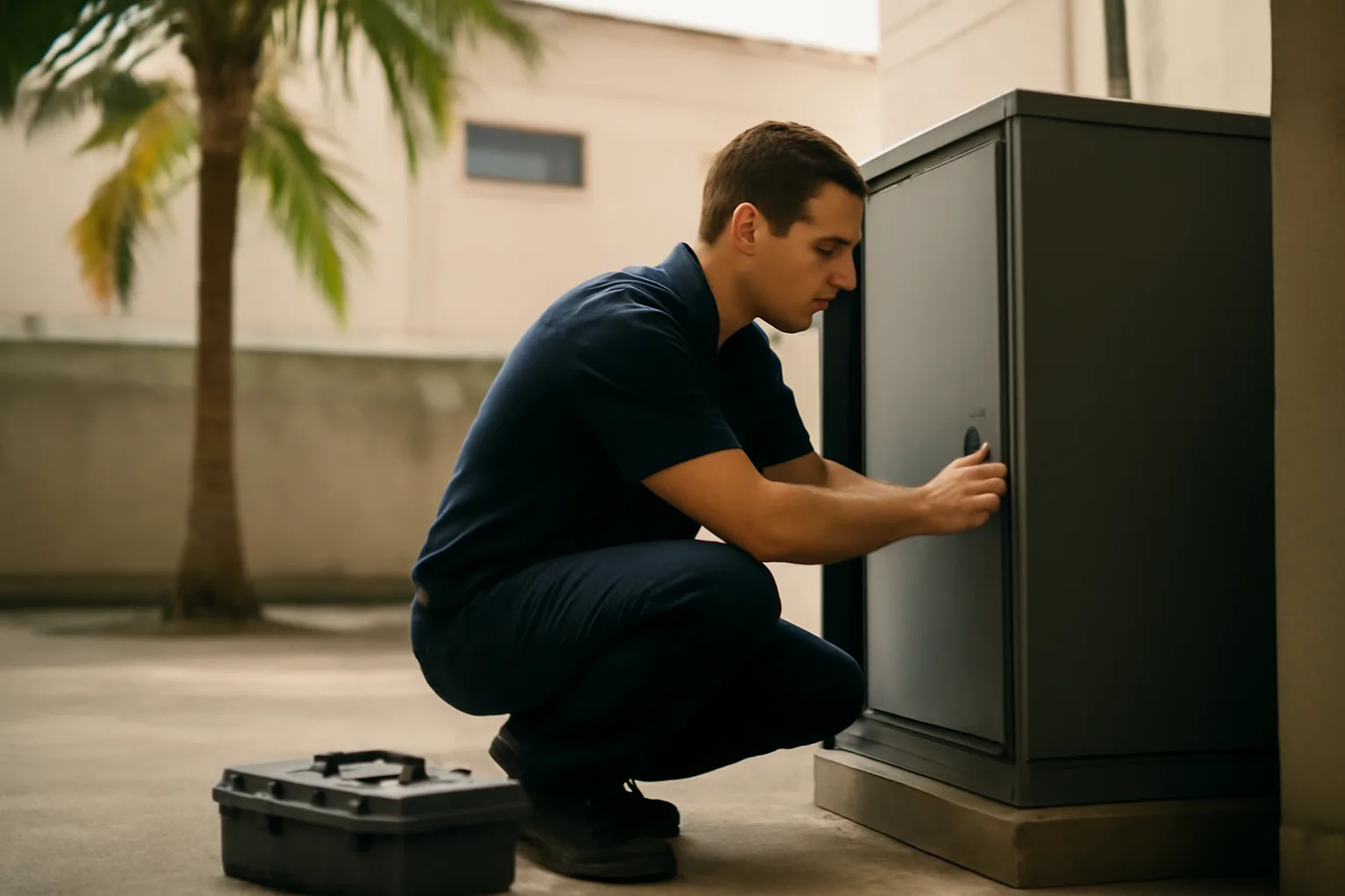 Technician beside a fire alarm cabinet in a Honolulu courtyard