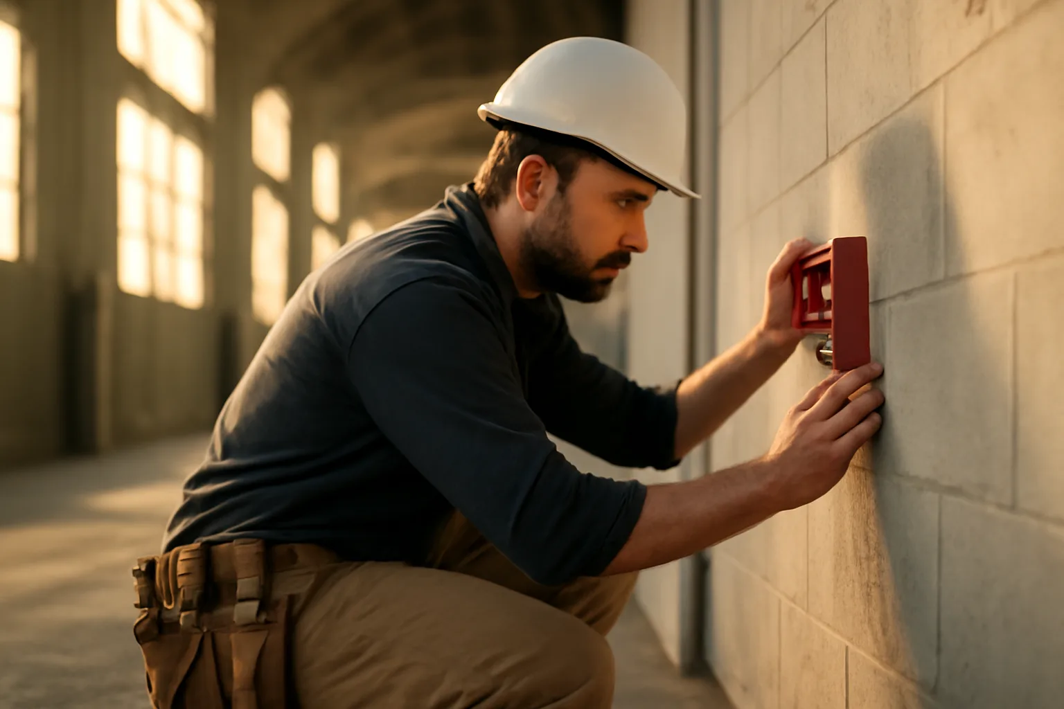 Fire alarm inspector examining a pull station inside an Alabama industrial facility