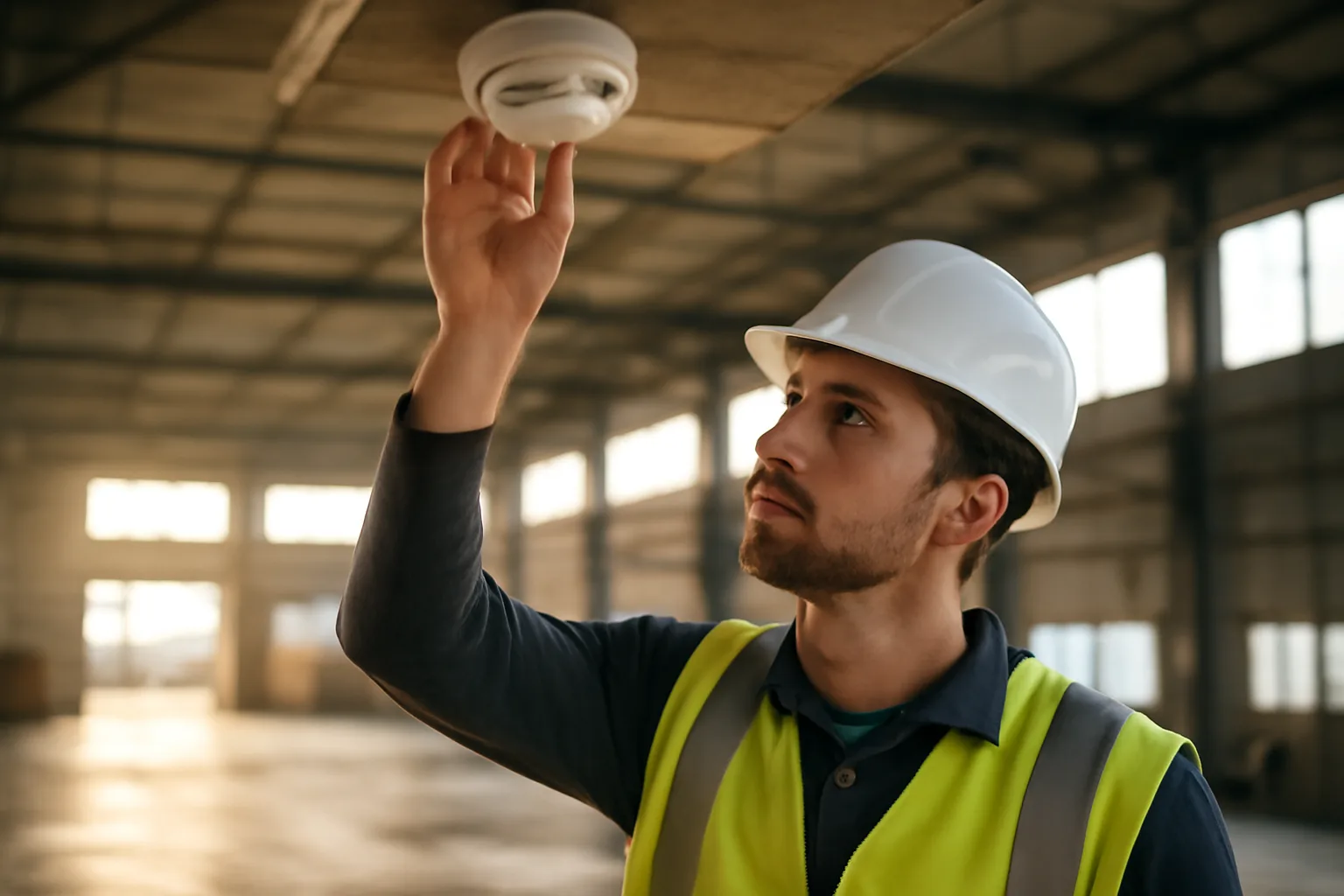 Fire alarm inspector examining a ceiling smoke detector inside an Alaska warehouse