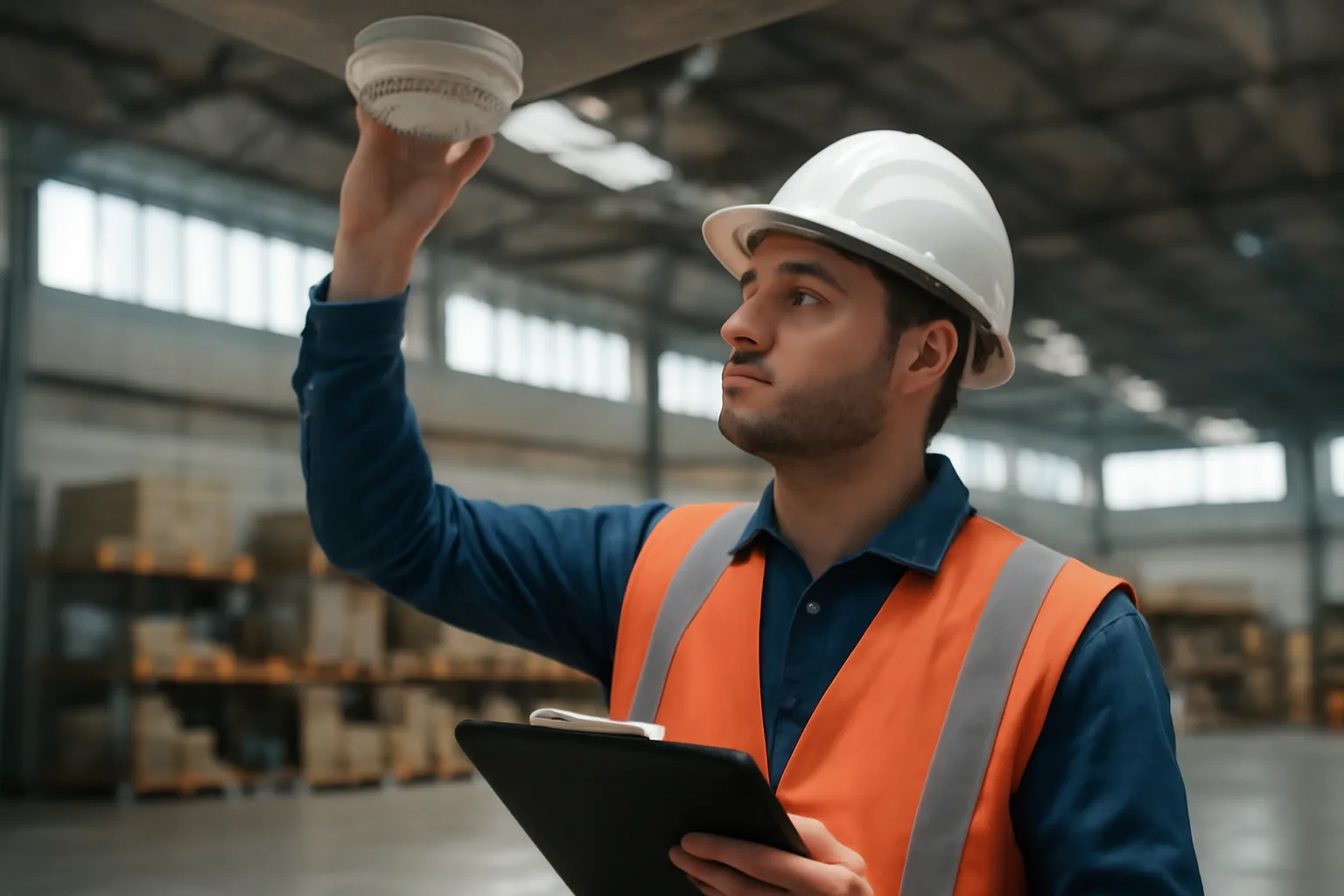 Fire alarm inspector examining a commercial ceiling smoke detector in Arizona warehouse