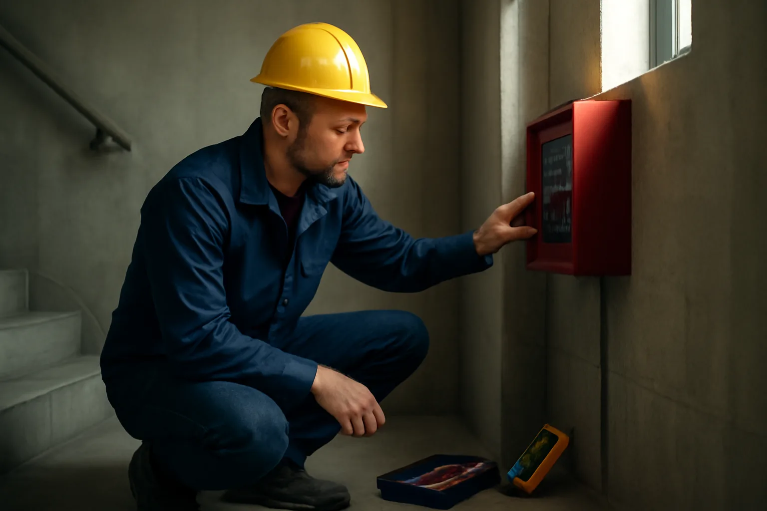 Fire alarm inspector examining a control panel inside an Arkansas commercial building