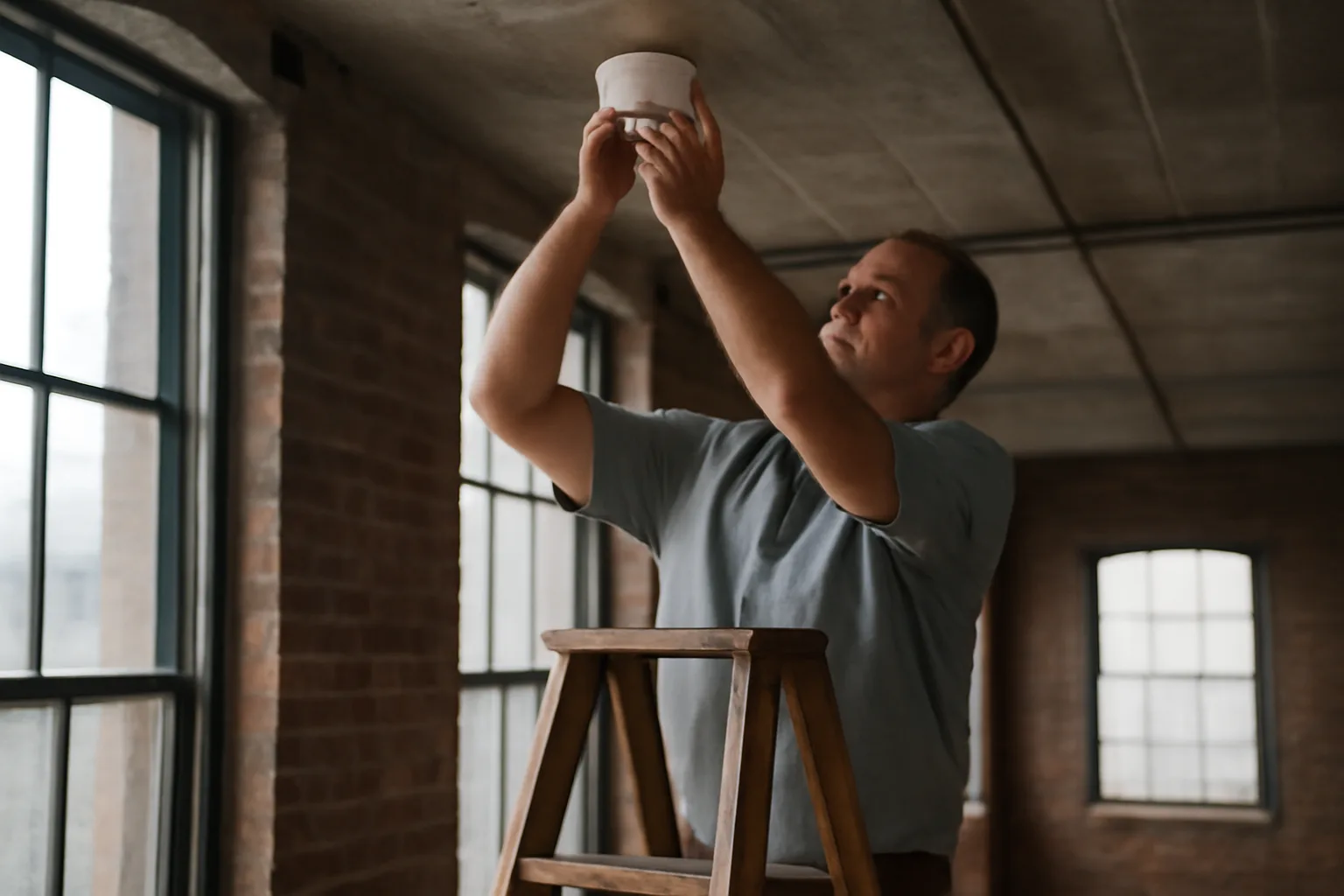 Inspector reaches a ceiling smoke detector in a Connecticut mill loft