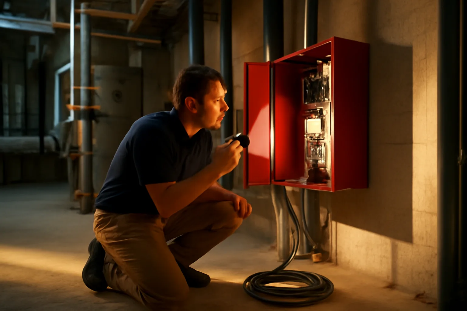 Technician inspecting a fire alarm cabinet in a Georgia building