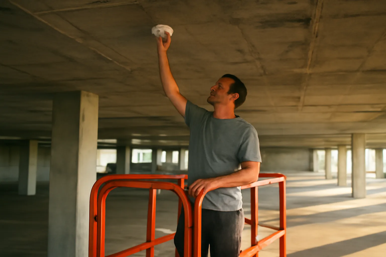 Fire alarm inspector checks a detector in a Honolulu garage