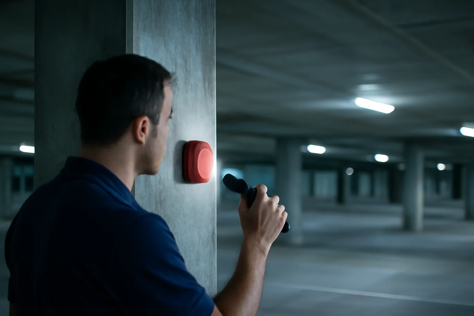 Technician checking a fire alarm device in a Connecticut garage