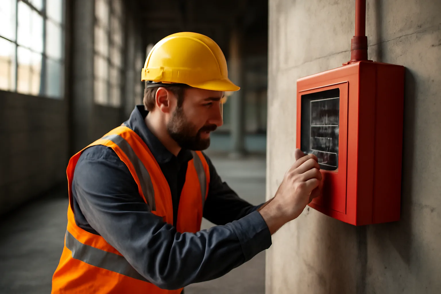 Fire alarm inspector checking a control panel inside an industrial building