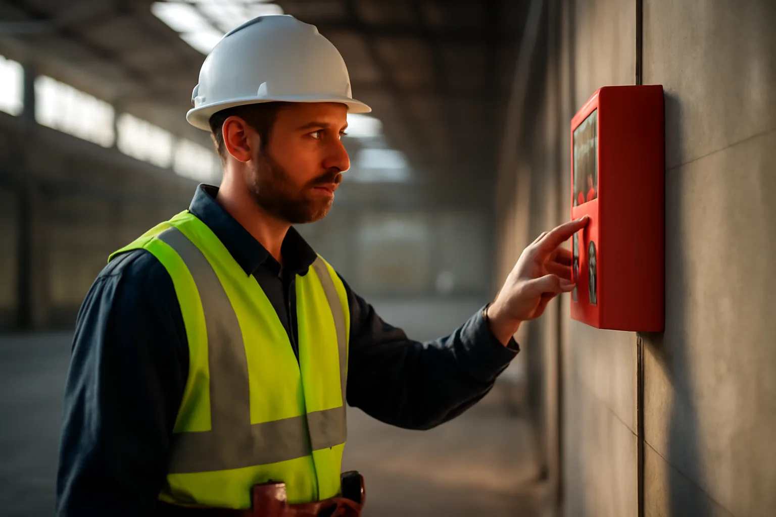 Fire alarm inspector examining a control panel inside an Alaska industrial building