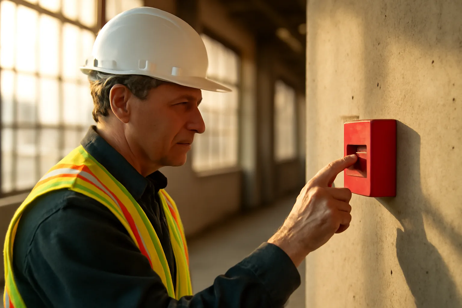 Fire alarm inspector examining a pull station inside an Arizona commercial building