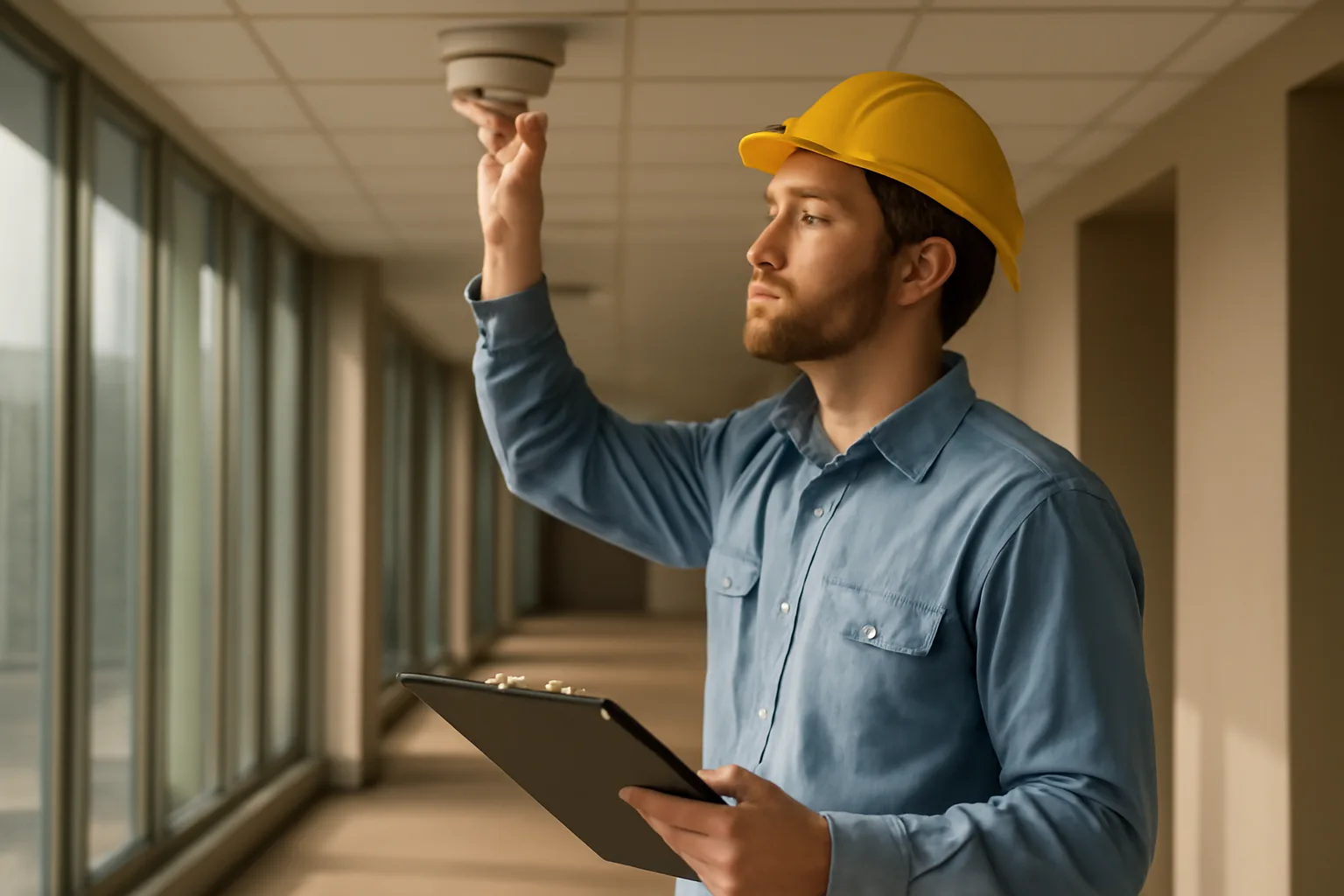 Fire alarm technician inspecting ceiling smoke detectors in a commercial building corridor