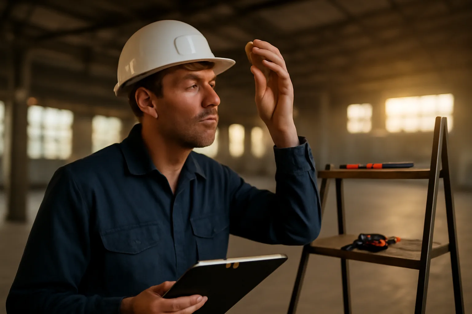 Fire alarm inspector checking ceiling detector in California warehouse, afternoon light