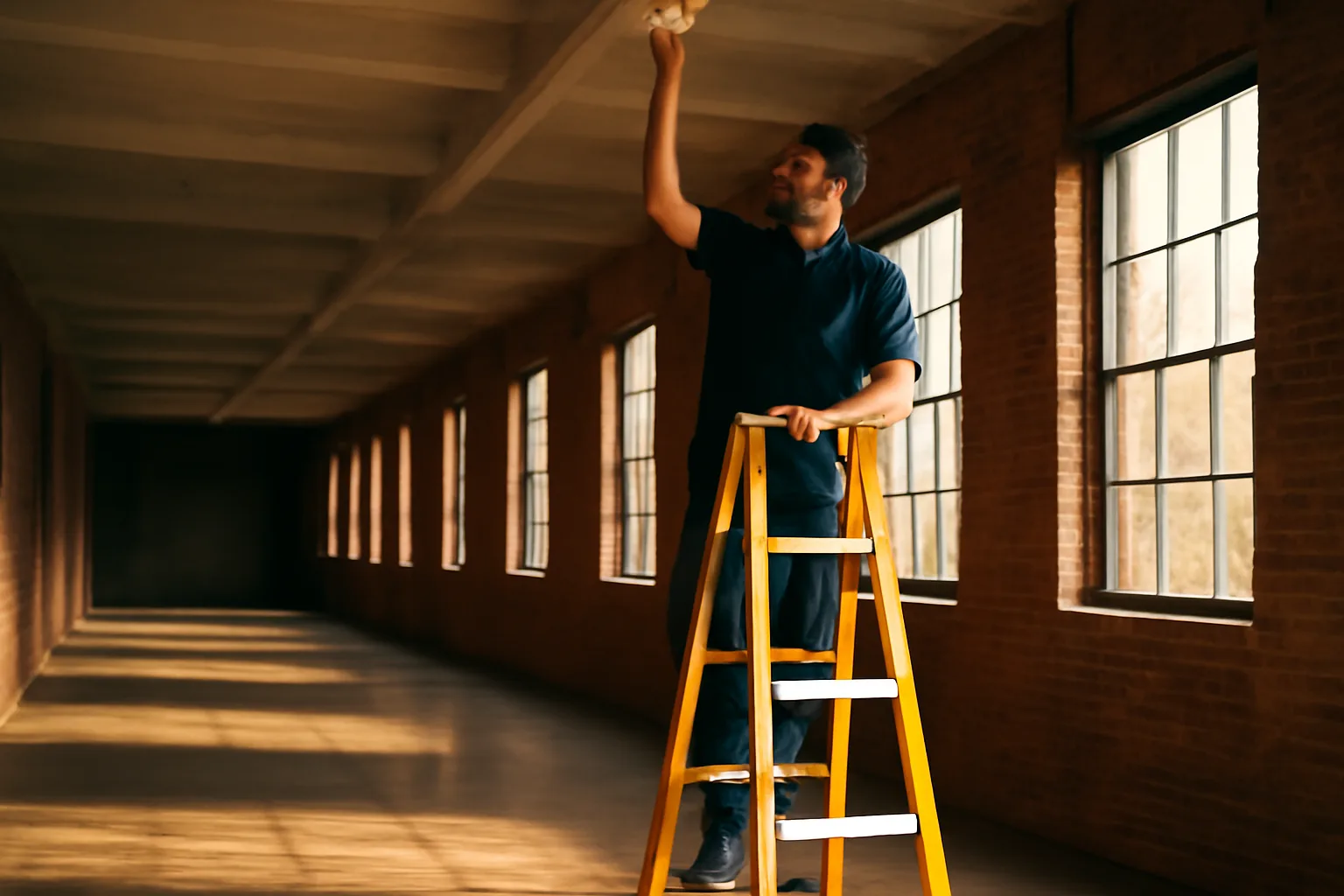 Fire alarm inspector checking a ceiling detector in a Denver warehouse