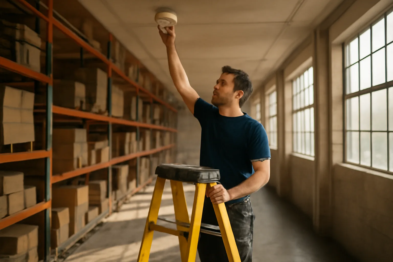 Technician checking a ceiling detector on a Delaware fire alarm job