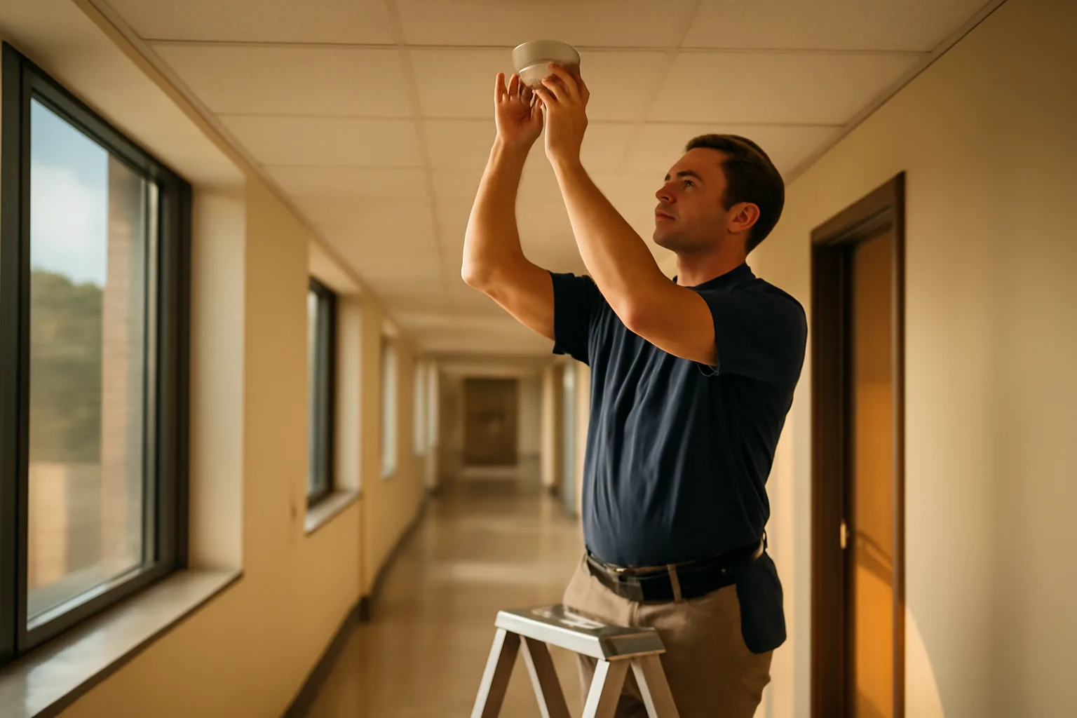 Technician checks a fire alarm detector in an Atlanta office corridor
