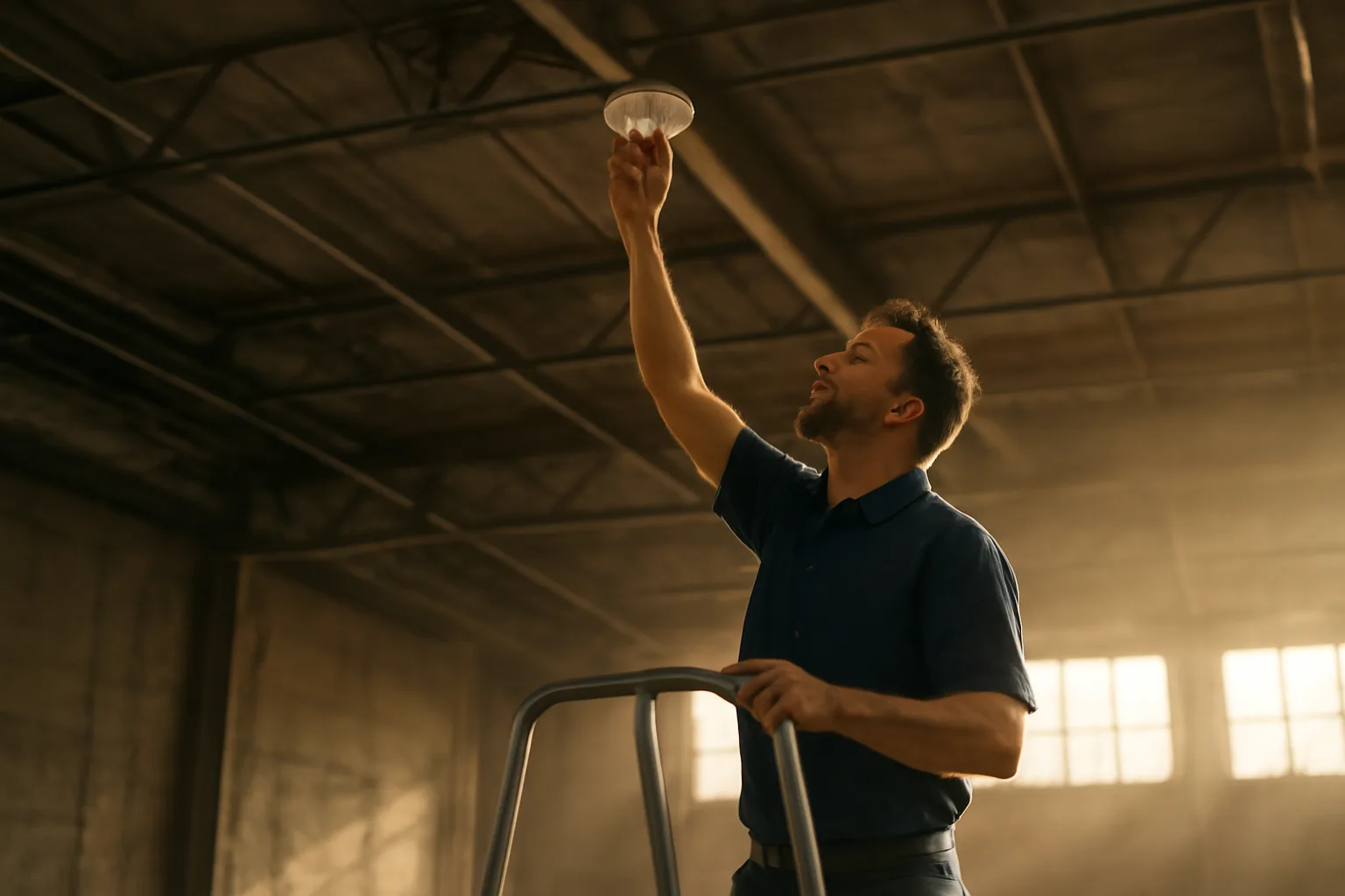 Technician inspects a ceiling smoke detector in a Boise warehouse