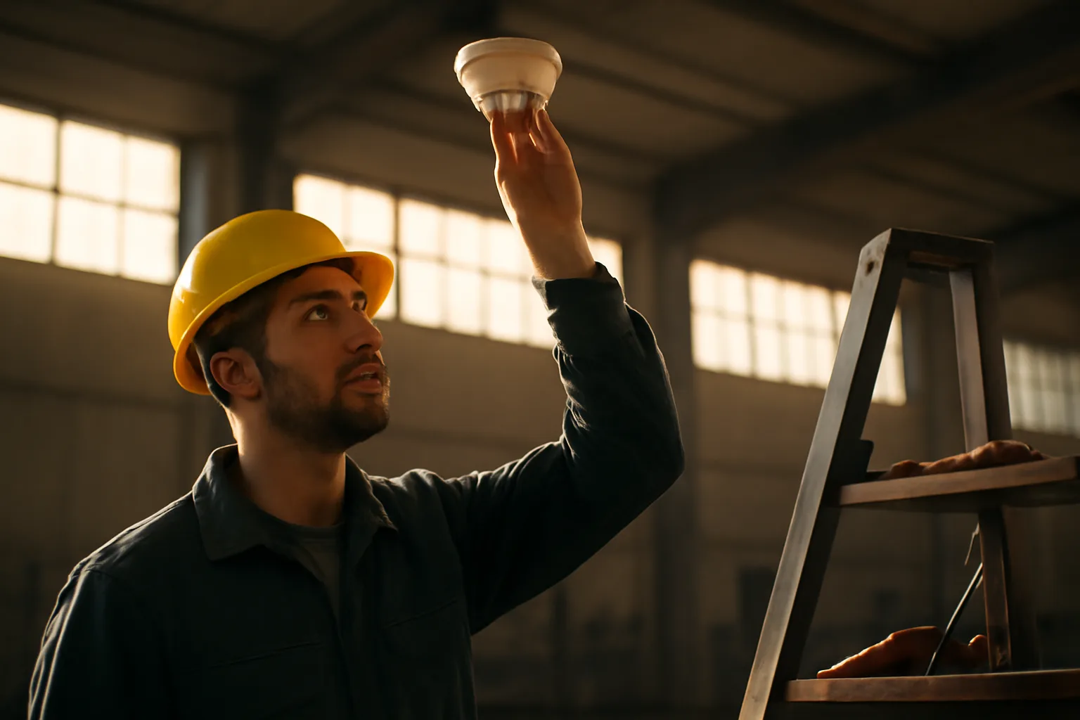 Fire alarm inspector checking ceiling smoke detector in Alabama industrial building