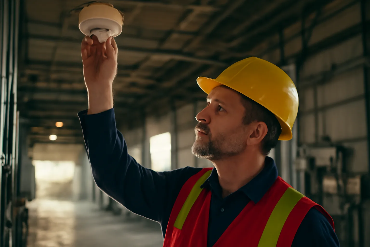 Fire alarm inspector checking a ceiling detector inside an Alaska industrial building