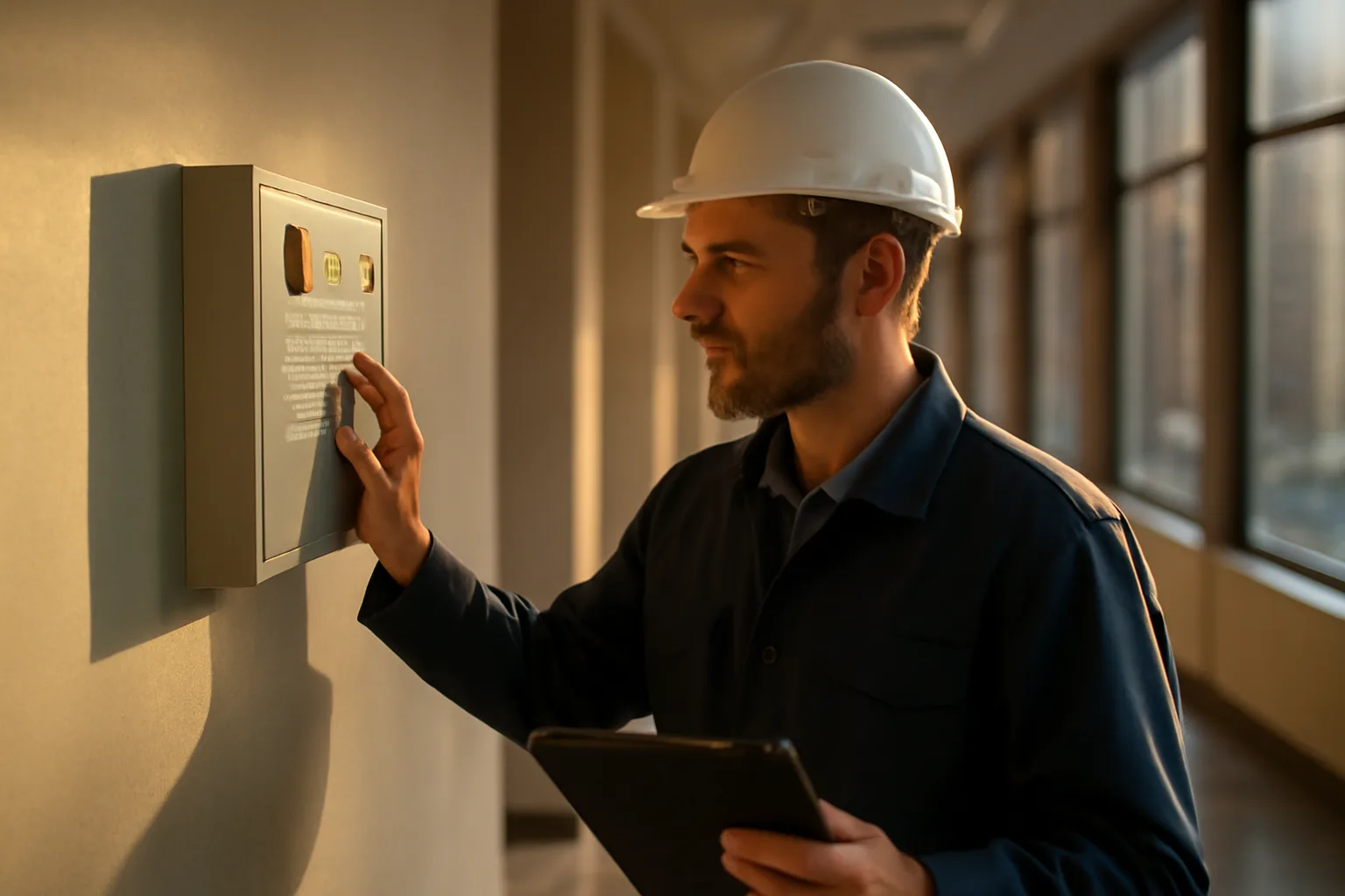Fire alarm inspector examining a control panel during building inspection in Arkansas
