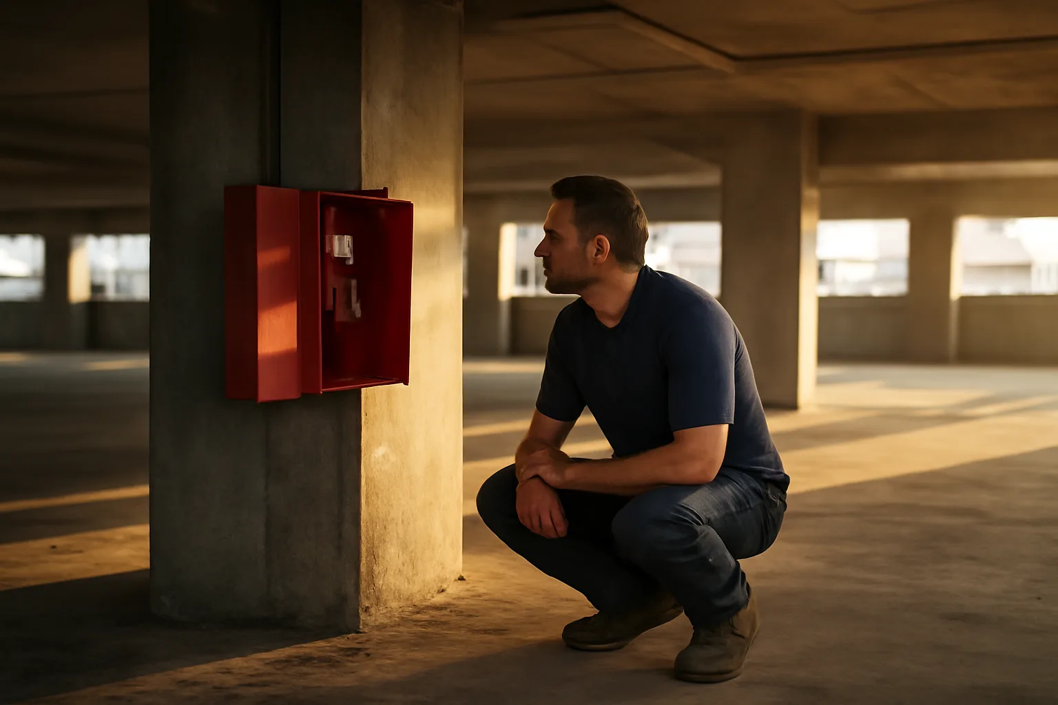 Inspector kneeling by a red fire alarm cabinet in a California garage