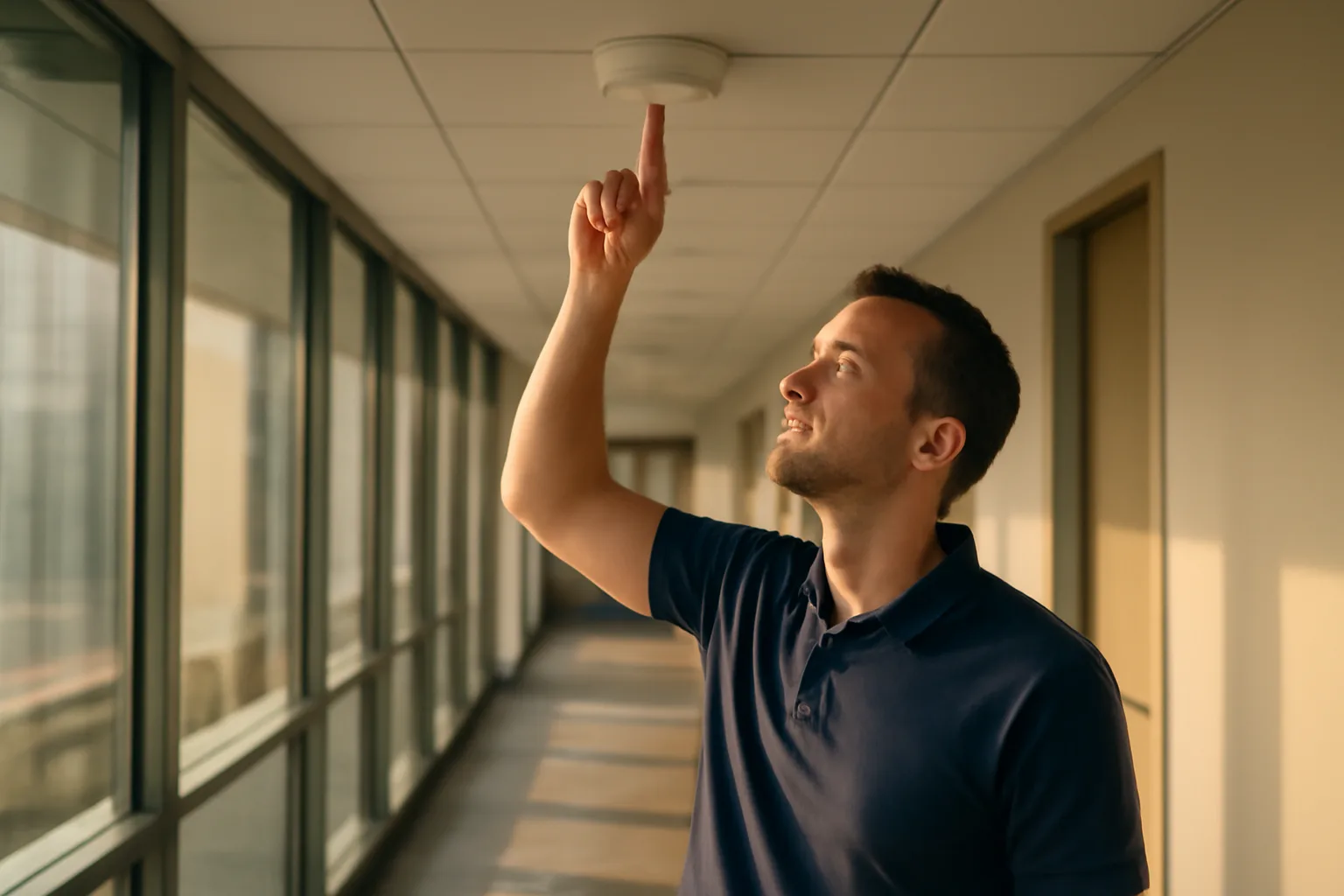 Colorado fire alarm inspector viewing a hallway smoke detector in morning light