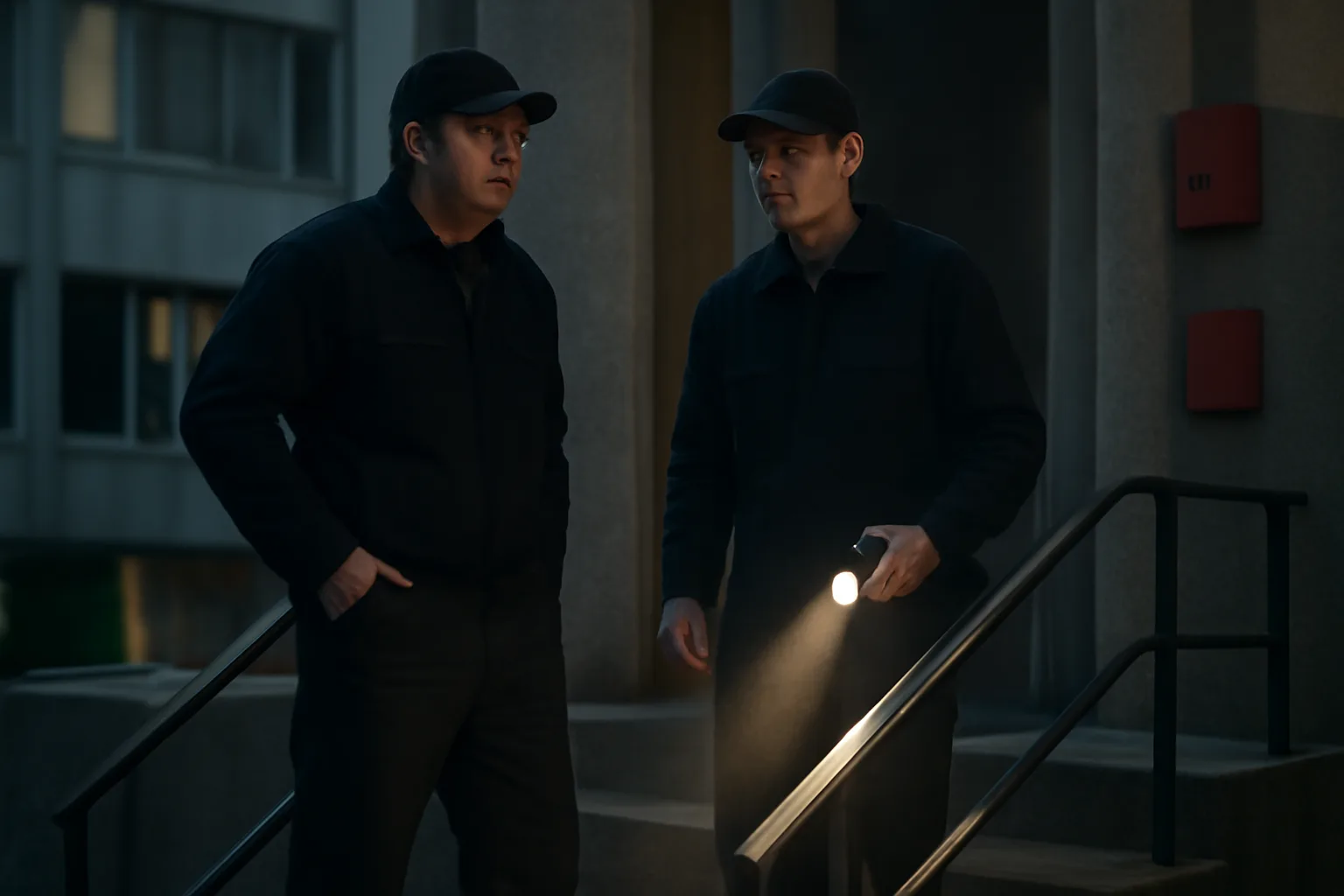 Inspectors check a stairwell during a Connecticut fire alarm inspection