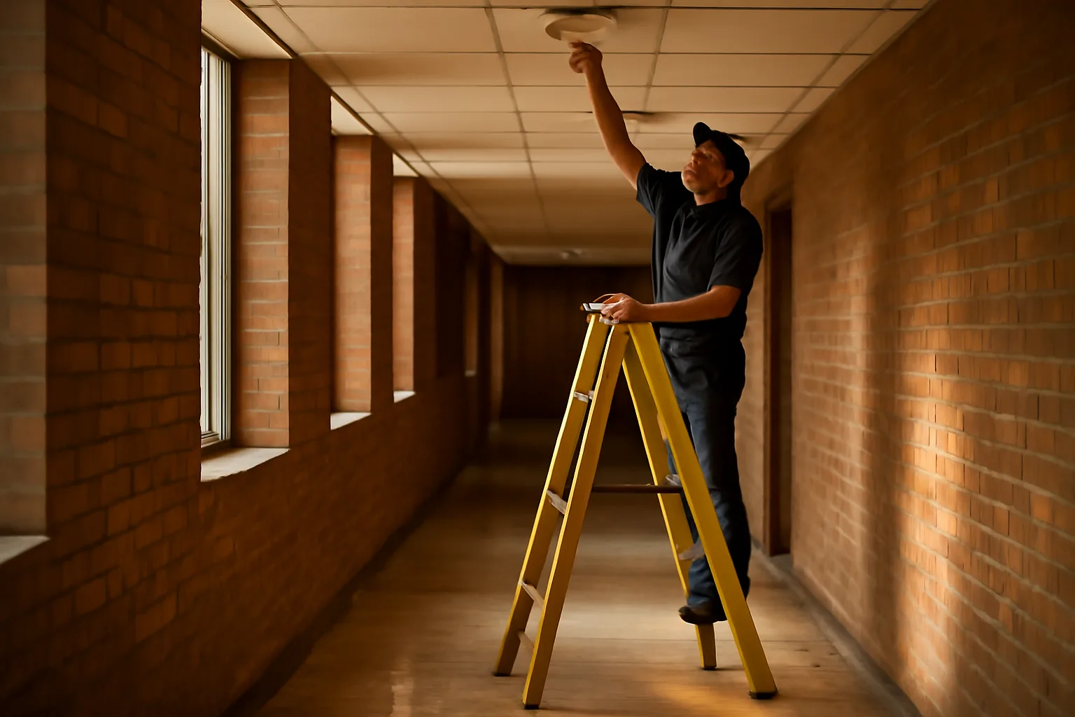 Technician checking a ceiling smoke detector in a Delaware hallway