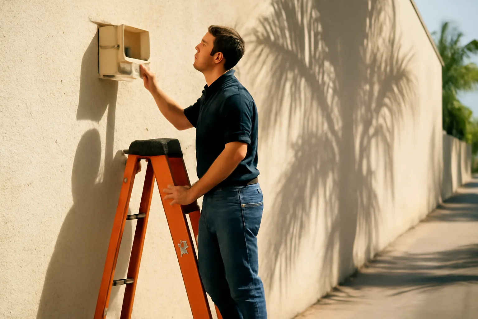 Technician checks a fire alarm device during Florida inspector work