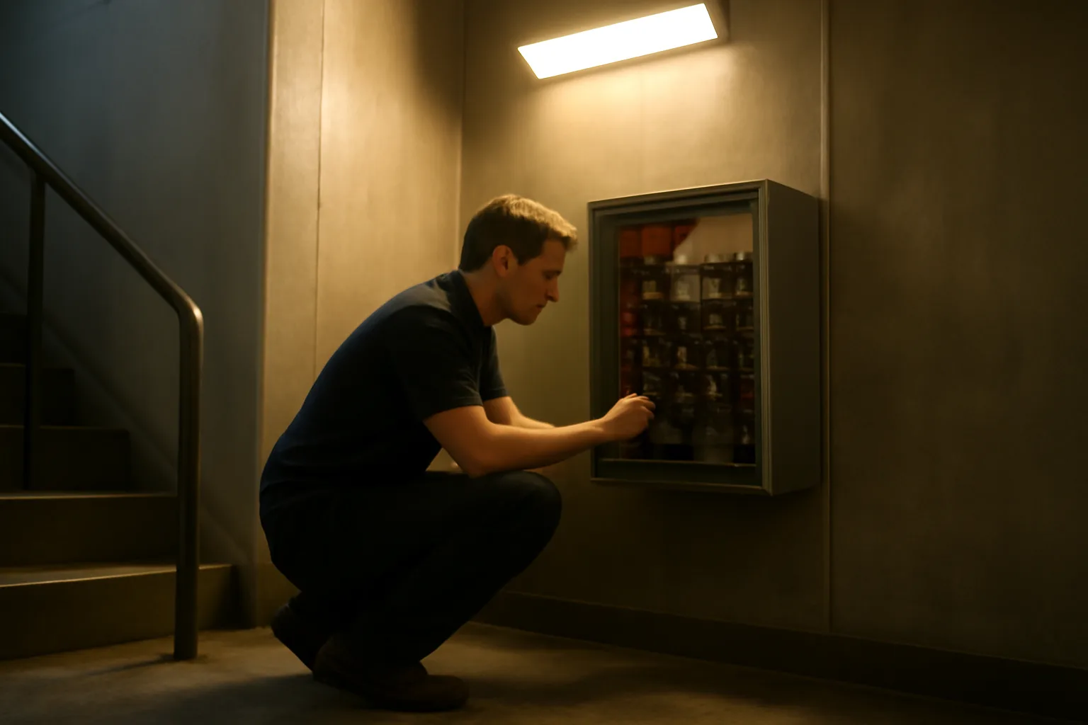Technician checking a fire alarm panel in an Atlanta stairwell