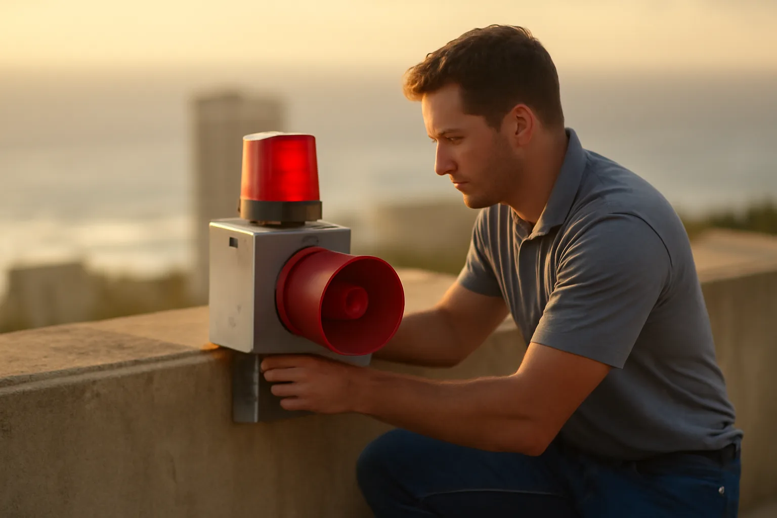 Technician inspecting a roof horn strobe during Hawaii fire alarm work