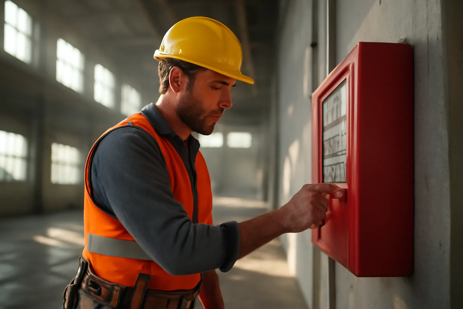 Fire alarm technician inspecting a panel inside an Alabama industrial facility