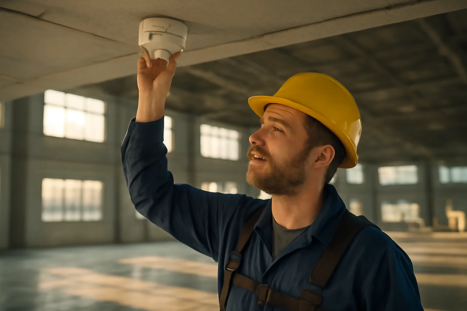 Fire alarm technician inspecting a ceiling smoke detector in an Alaska commercial building