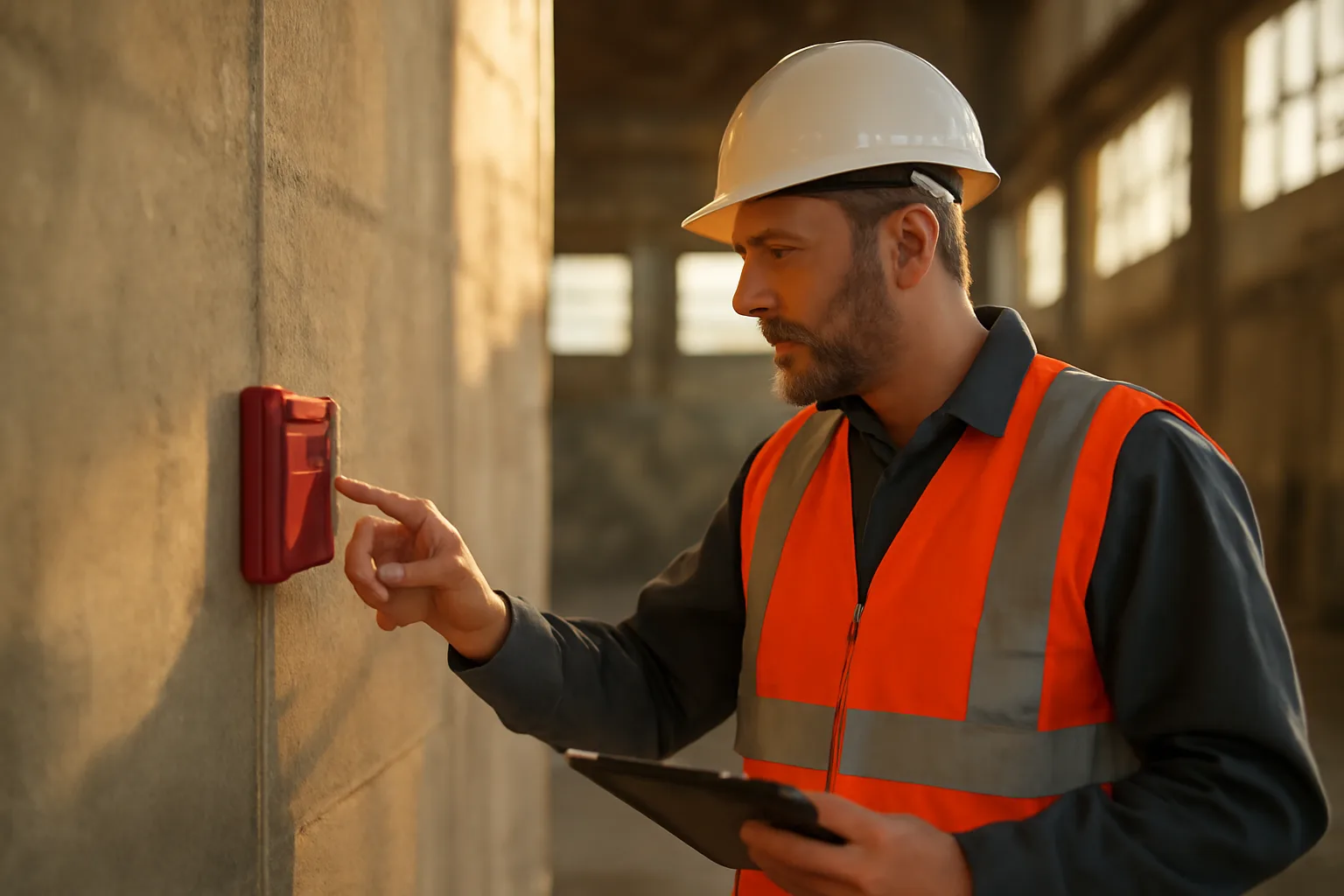 Fire alarm inspector examining a wall-mounted pull station inside an Arizona industrial building