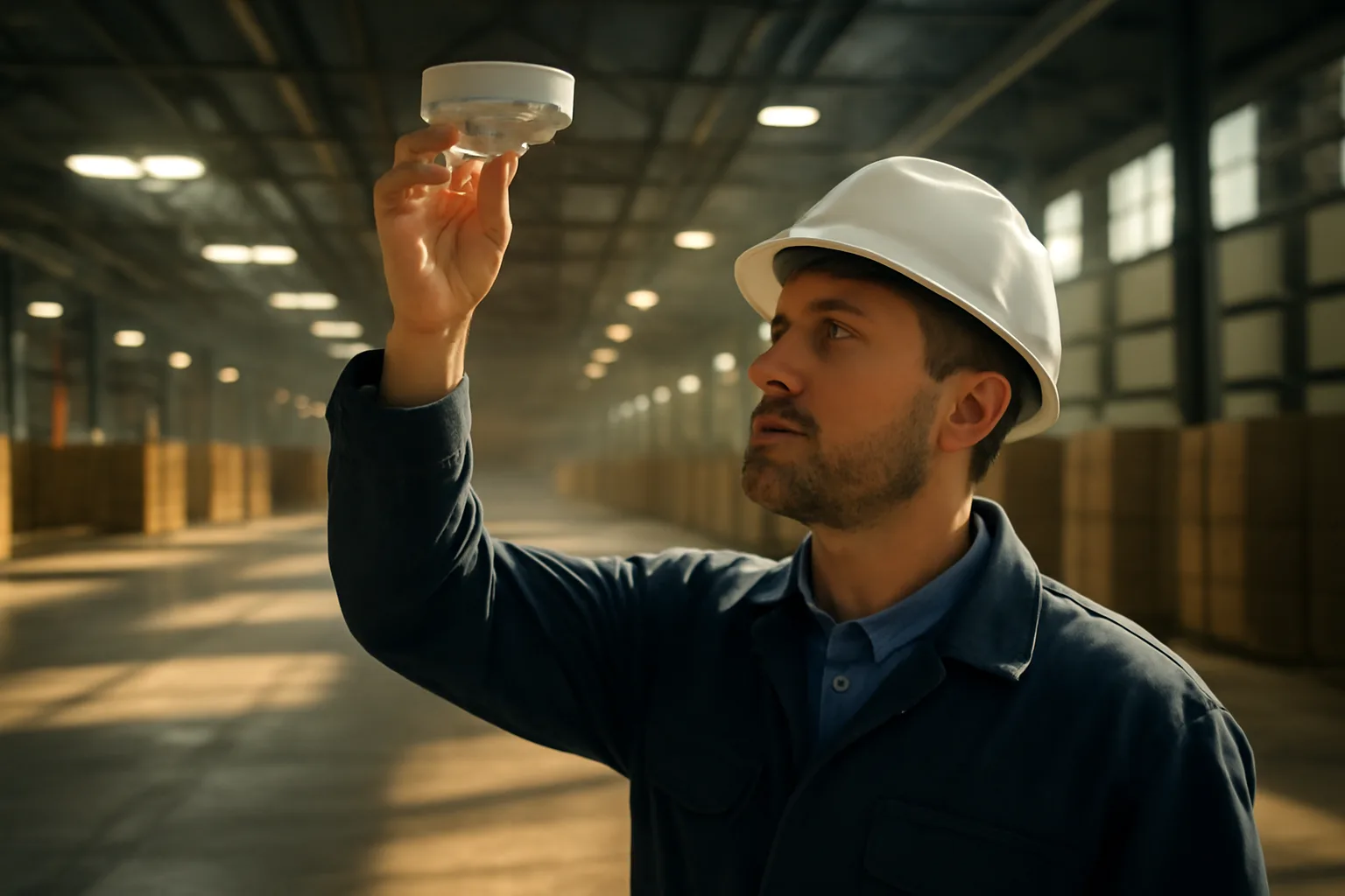 Fire alarm inspector examining a ceiling smoke detector inside a commercial warehouse