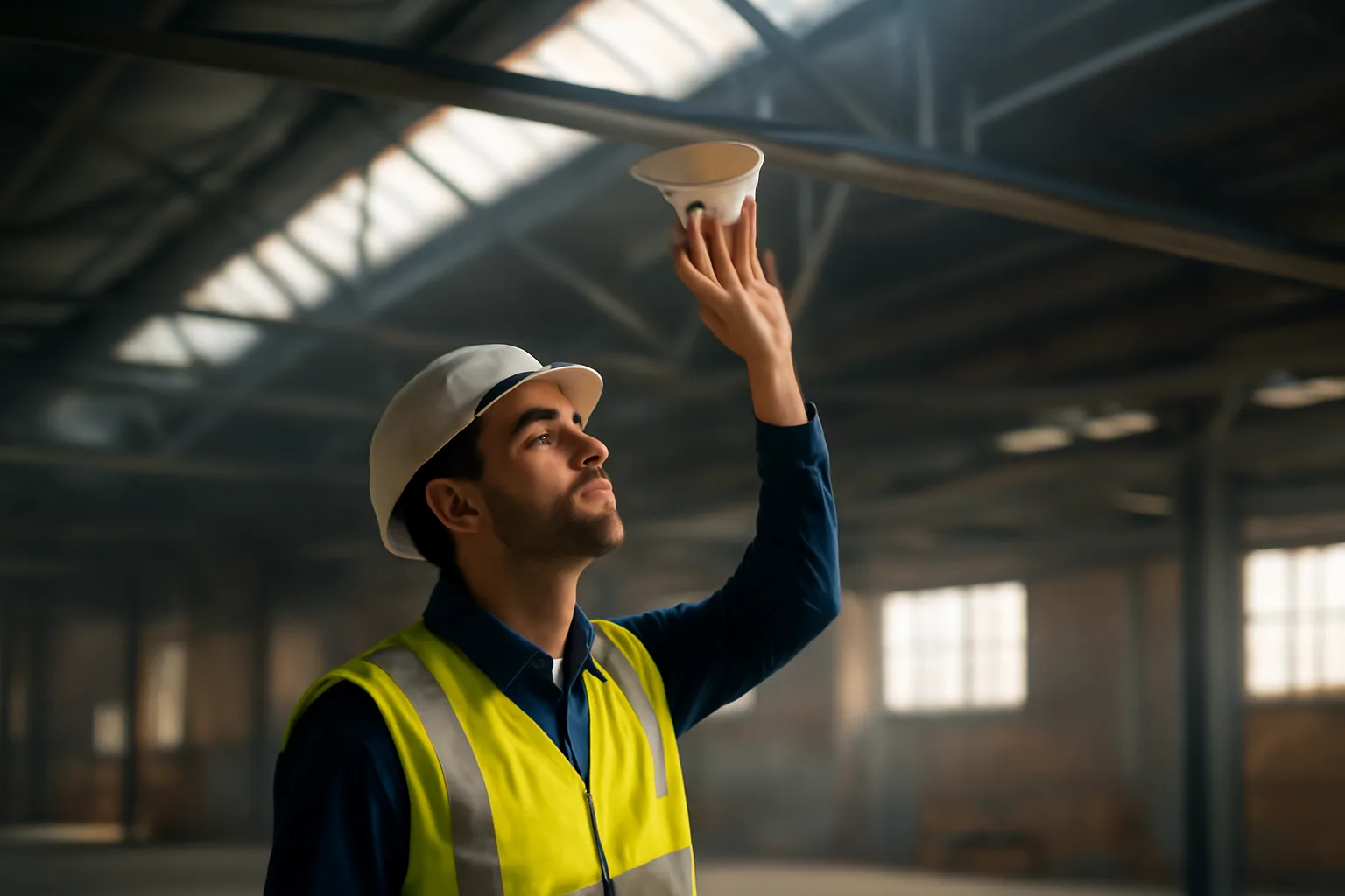 Fire alarm inspector examining ceiling-mounted alarm device in an industrial warehouse