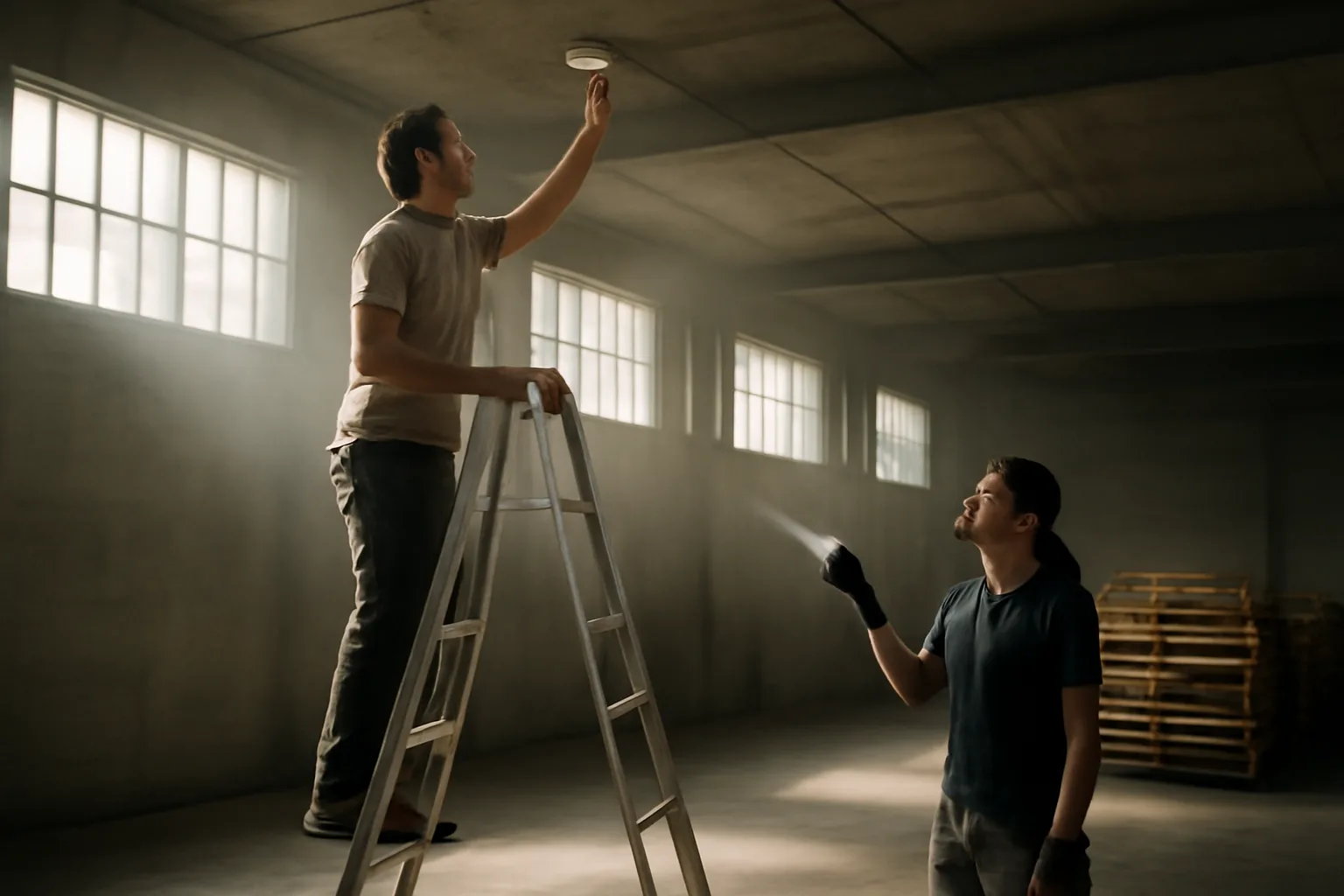 Worker inspects a Colorado warehouse smoke detector in morning light