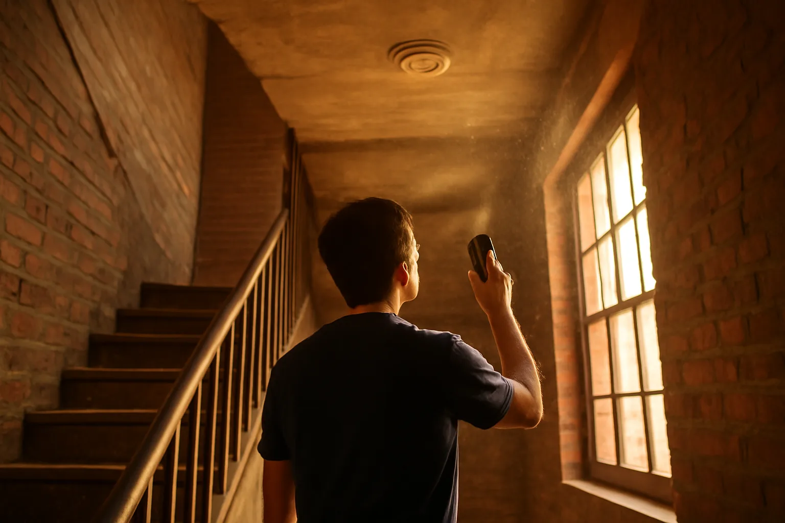 Fire alarm inspector checking a detector in a Connecticut stairwell