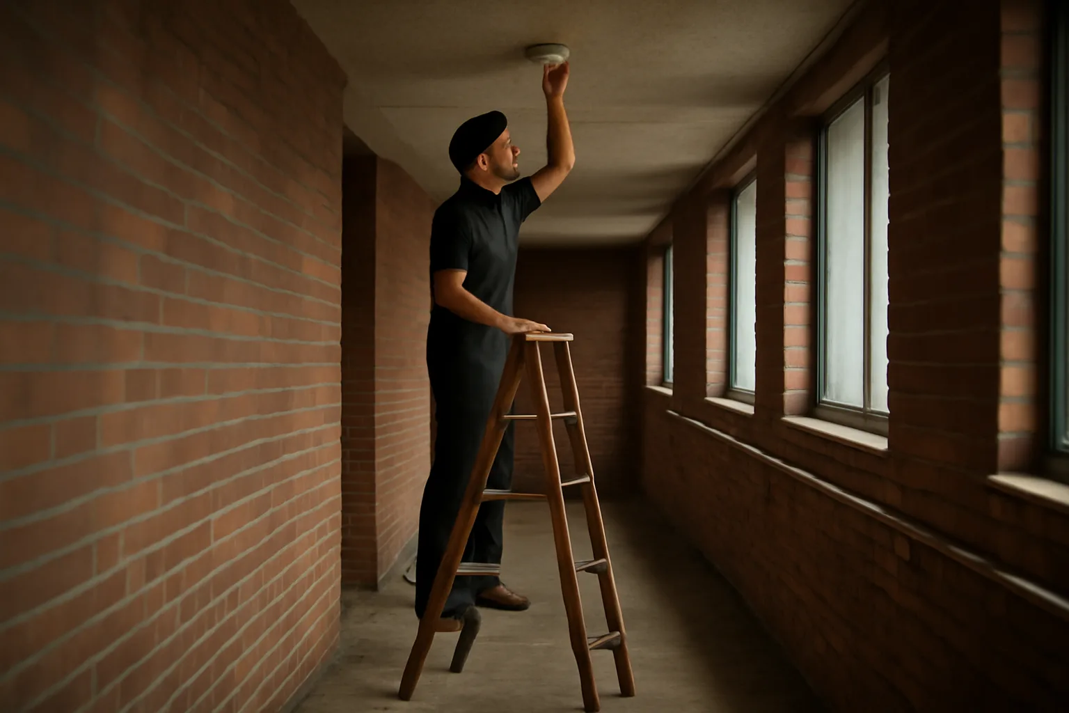 Worker checking a hallway smoke detector in a Delaware building