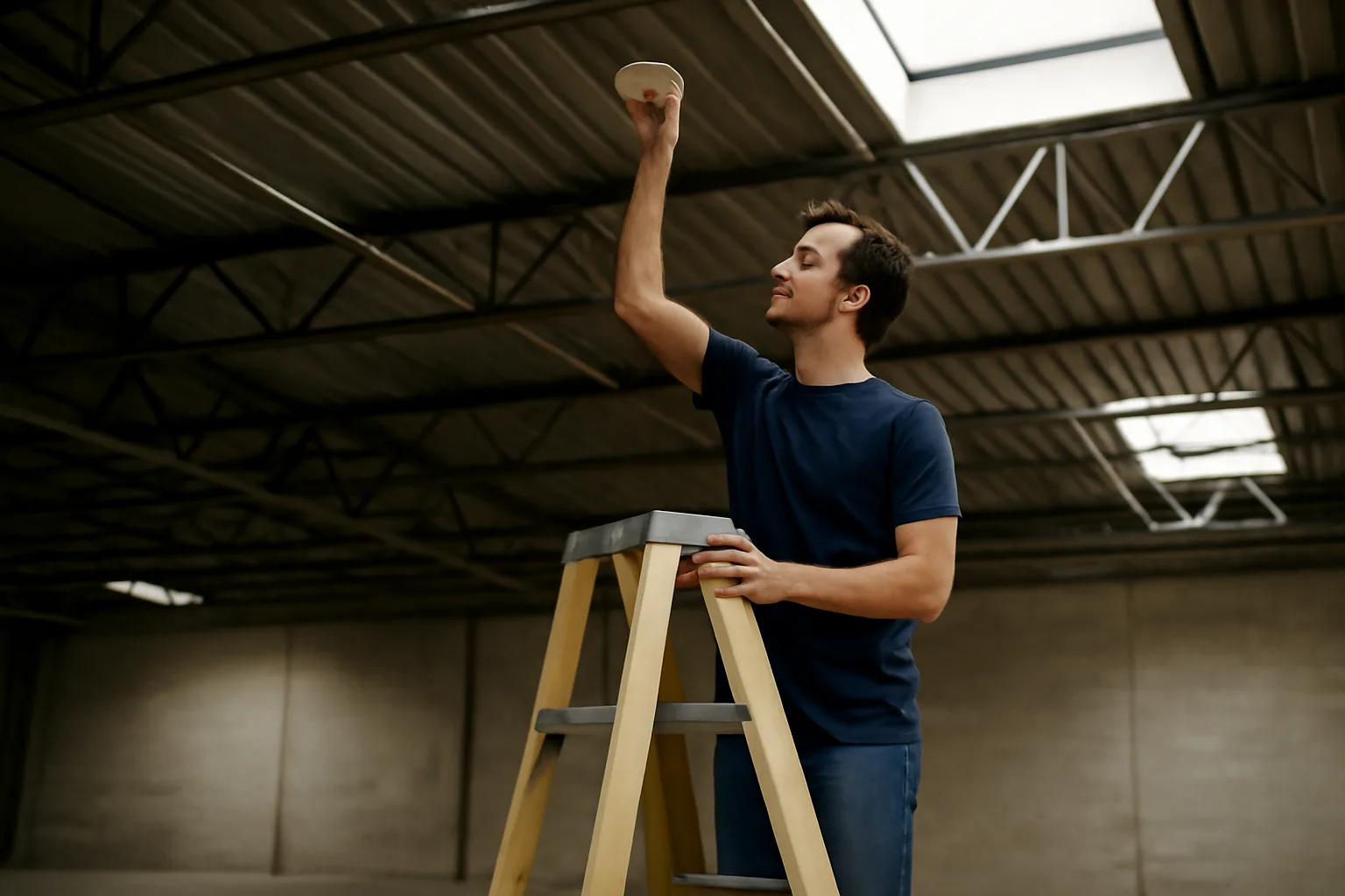 Inspector on a ladder checking a detector in a Tampa warehouse