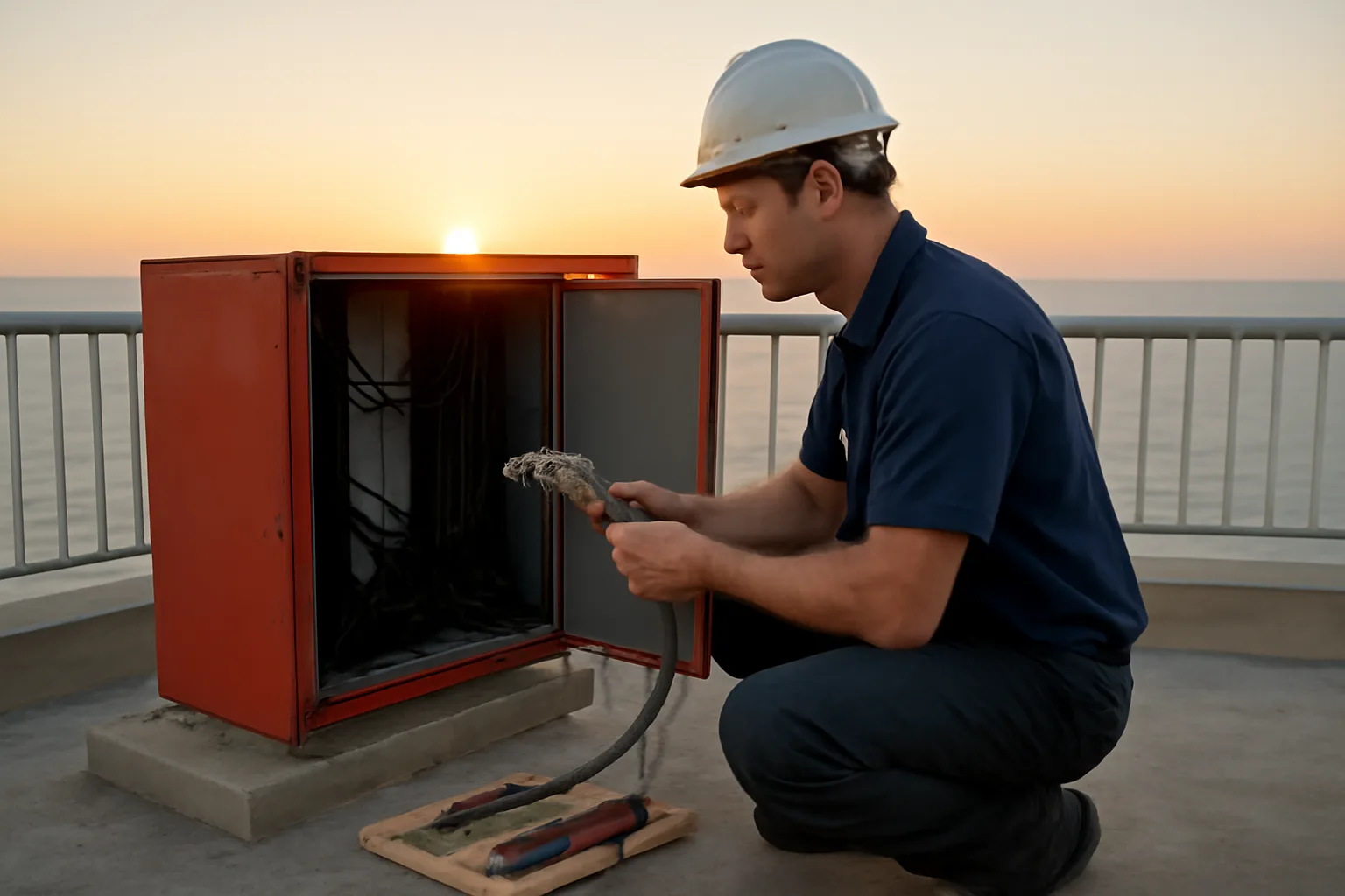 Technician at a rooftop fire alarm cabinet in Honolulu at sunrise
