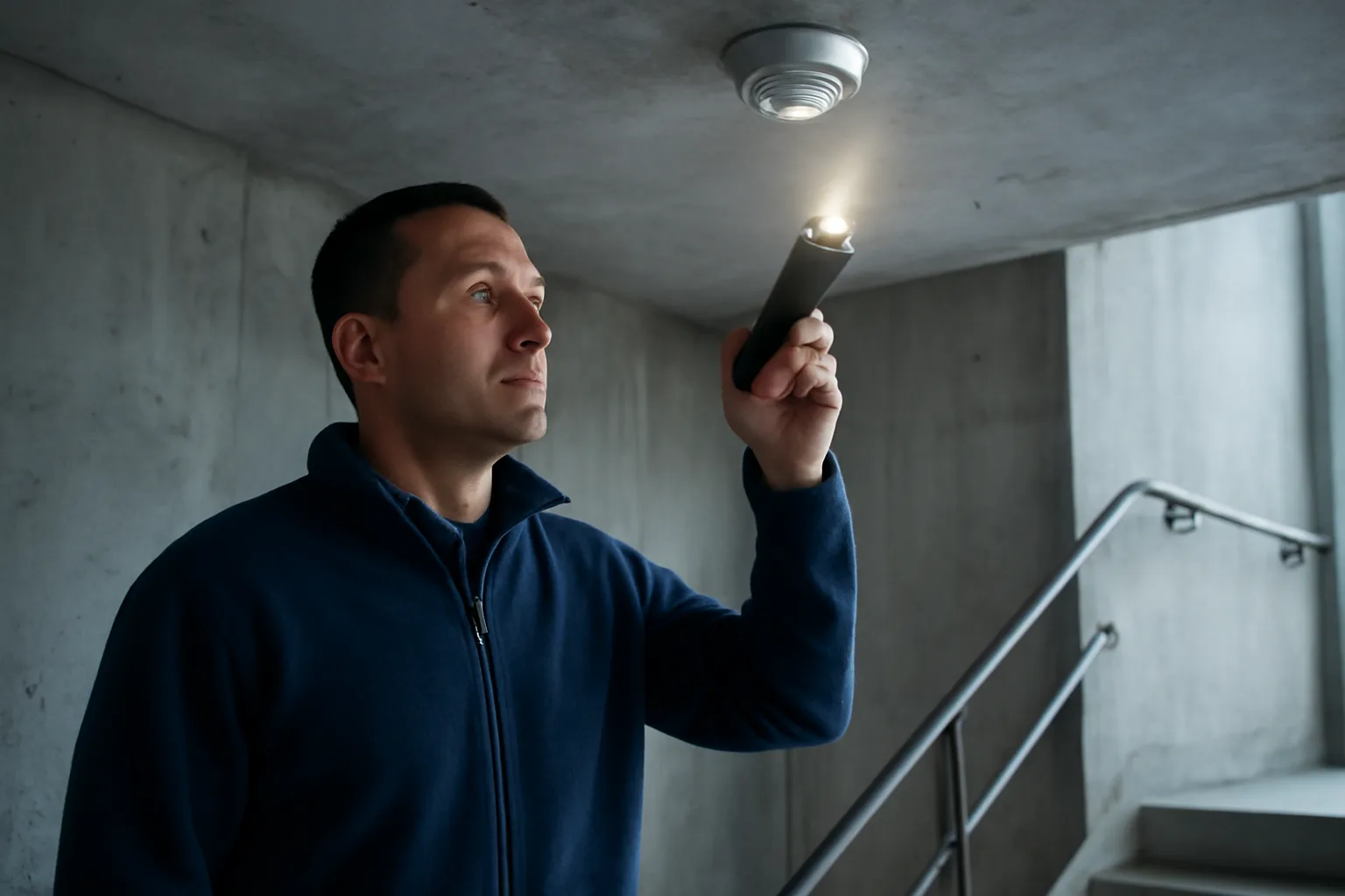 Idaho fire alarm inspector checking a stairwell smoke detector